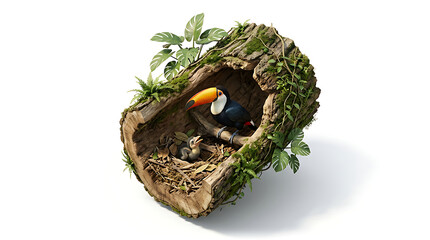 Fototapeta premium Toucan bird with colorful orange beak inside hollow tree log nest with small chick isolated on white background.