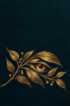 Mystical Golden Eye Surrounded by Ornate Botanical Leaves on Dark Teal Background