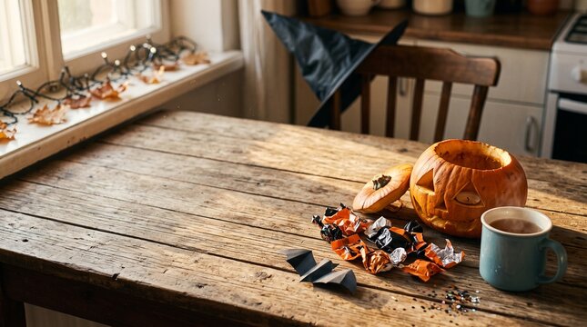 Halloween Morning Still Life with Carved Jack-o'-Lantern Pumpkin, Cand