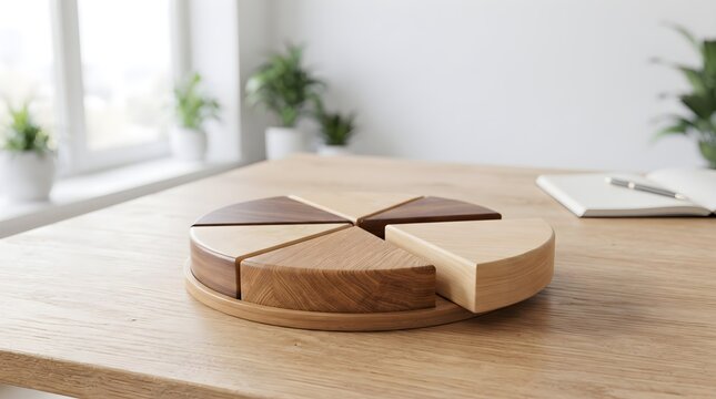Wooden pie chart divided into segments on table, representing data.