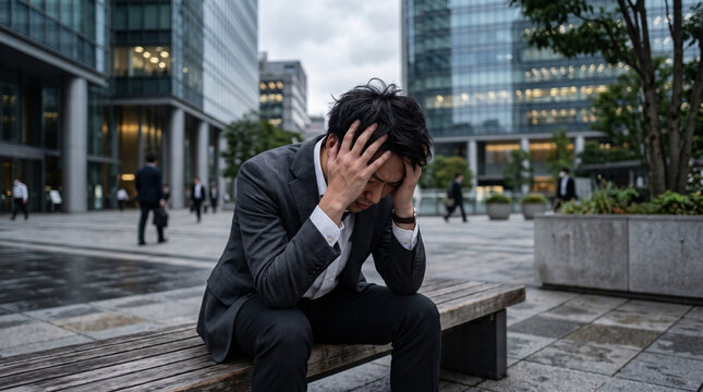 オフィス街のベンチで頭を抱えて悩む男性ビジネスマン