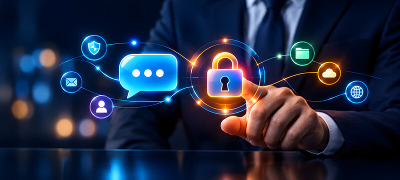 Cyber Security Concept, Businessman Touching Padlock Icon for Data Protection, Encrypted Communication, Privacy, and Network Security Technology.

Keywords SEO (50 Kata Kunci):
cyber security, data pr