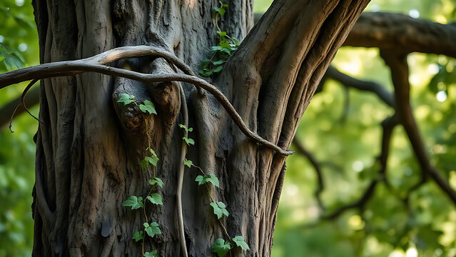 Delicate vines winding up the trunk of a tall oak tree, detailed bark and leaves.