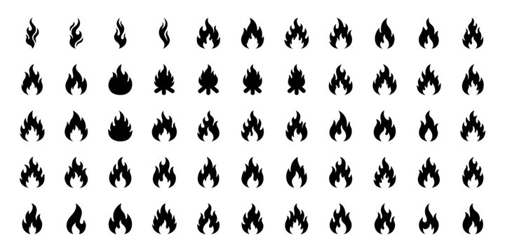 Set of fire icons, flame symbols, bonfire collection, vector illustration