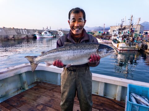 Japanese fisherman holding freshly caught salmon.
