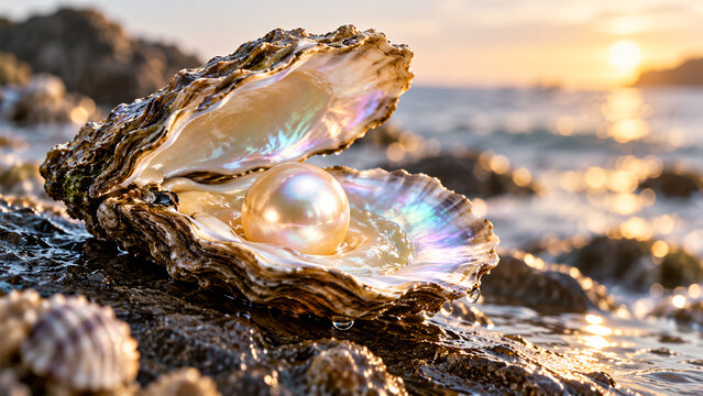Open oyster shell revealing iridescent pearl resting on rocky ocean beach at golden sunset.