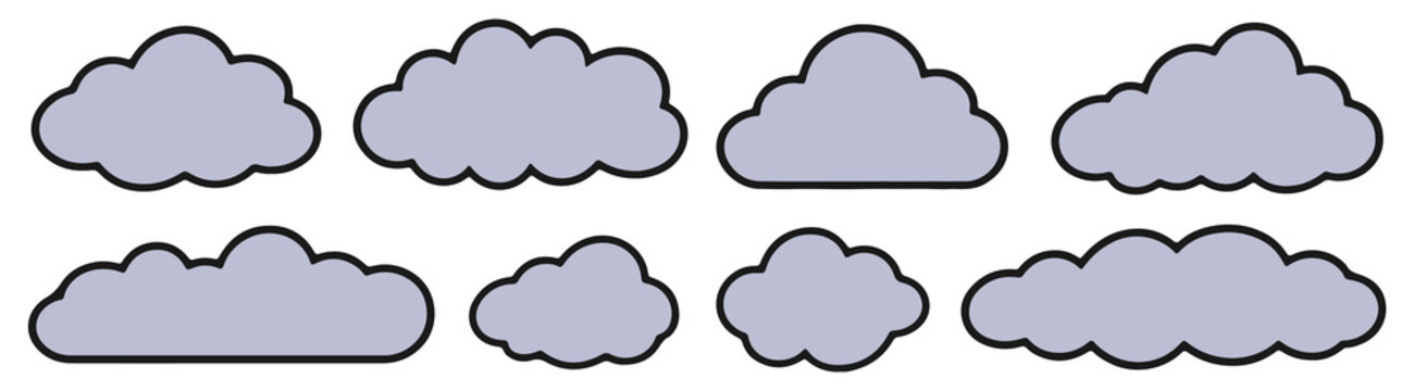 Cloud icon collection featuring eight soft gray cartoon clouds with black outlines in different shapes and sizes, flat vector illustration isolated on white background for weather and design