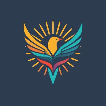 Colorful Phoenix Bird Emblem with Radiating Sun Rays on Dark Blue Background