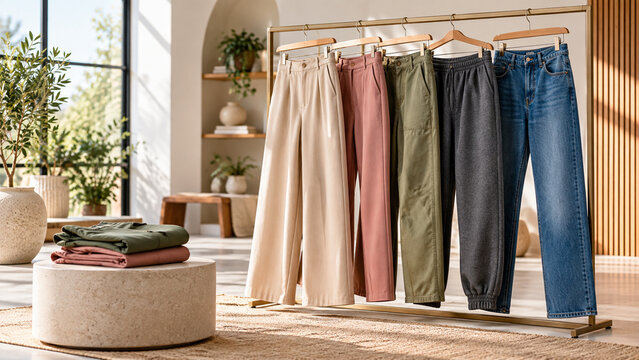 Various styles and colors of trousers hanging on clothing rack in modern boutique interior.