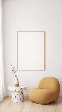 Living room corner with blank wooden frame mockup, mustard armchair, terrazzo side table and vase