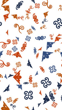 Seamless pattern of blue and orange decorative swirls and corners