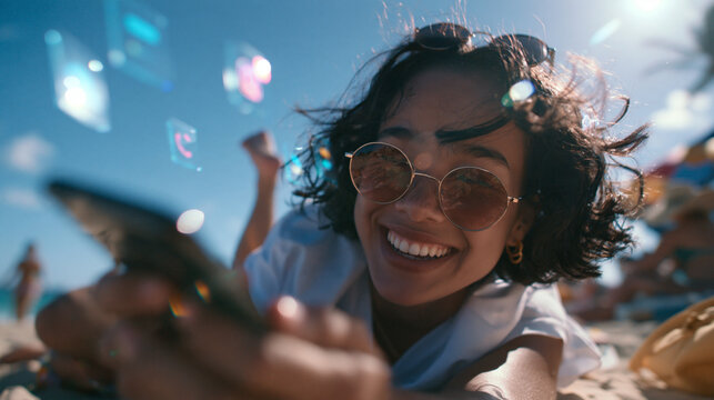 Young Woman Using Smartphone with Augmented Reality on Beach