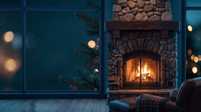 Stone Fireplace Burning in Cozy Winter Living Room