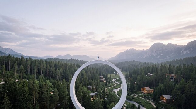 Futuristic Circular Structure Overlooking Mountain Forest Valley