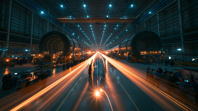 Futuristic Aerospace Factory with Light Trails in Industrial Hangar