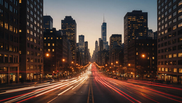 City Traffic Light Trails on Busy Avenue at Dusk