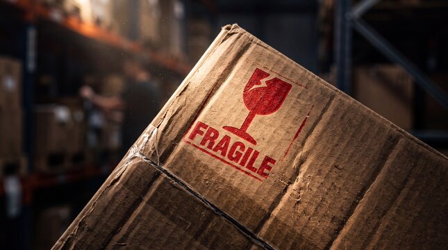 Damaged Cardboard Box with Fragile Stamp in Warehouse