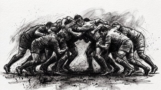 Rugby Players in Dynamic Scrum Charcoal Sketch Illustration