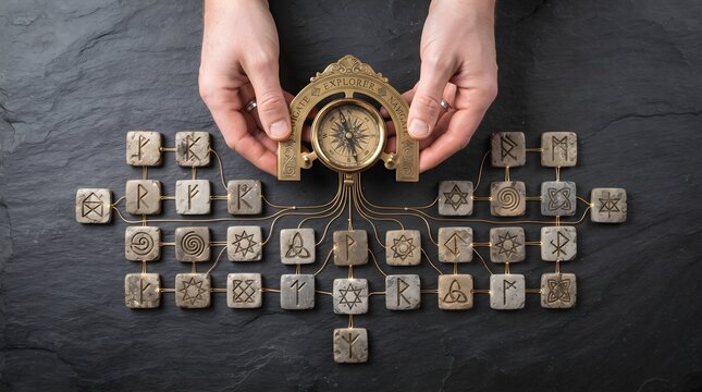 Hands holding compass navigating ancient runic symbols on slate.
