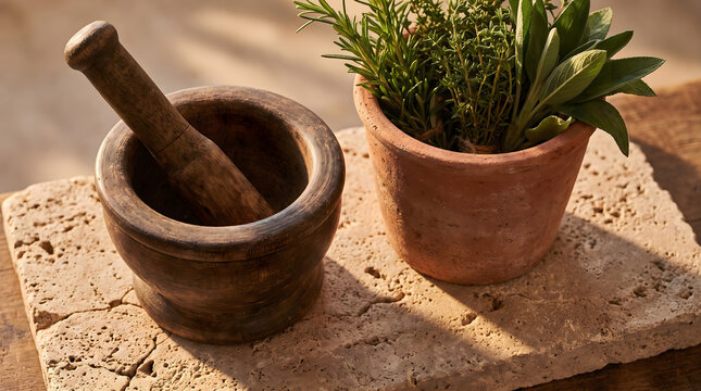 An authentic african mortar and pestle sits beside a clay pot filled with fresh aromatic culinary herbs.
