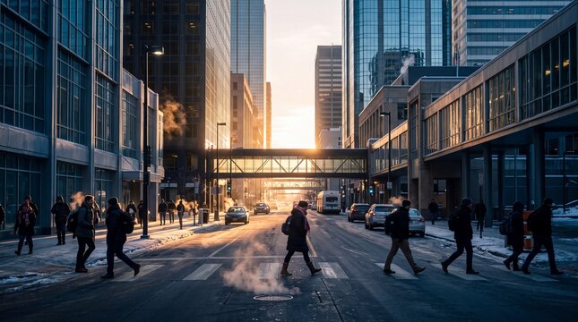 Pedestrians Crossing Downtown City Street at Sunrise During Winter