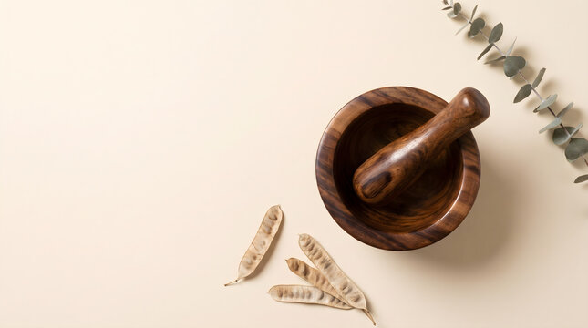 Minimalist flat lay featuring an authentic wooden african mortar and pestle with dry pods and eucalyptus leaves
