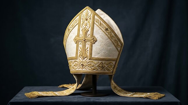 An elegant white and gold mitre displayed on a stand against a dark blue studio background