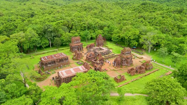 Aerial perspective of the historic My Son Sanctuary surrounded by dense tropical forests near the cultural regions of Da Nang and historic Hoi An in Vietnam