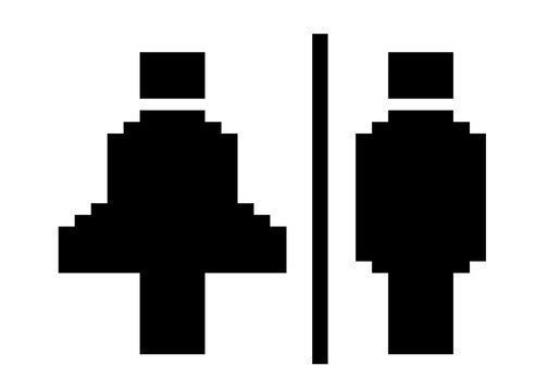pixel art male and female toilet sign separated by line for public restroom direction navigation graphic design asset