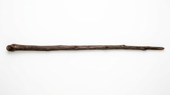 Dark Brown Wooden Magic Wand or Wizard Staff Isolated on White Background for Fantasy and Magic Concepts