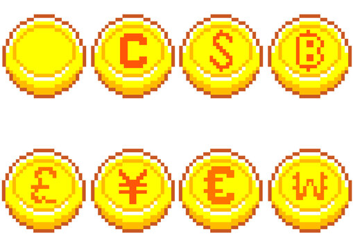 pixel art golden coin set with currency symbols for digital game icon finance and business graphic design asset