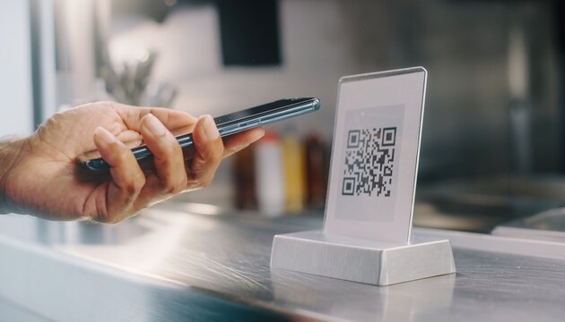 A close up shot of a person using a mobile smartphone to scan a QR code placed on a stand for contactless payment or digital menu access service.