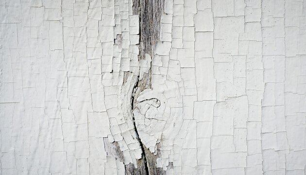 A close up shot of weathered white painted wooden planks featuring a distinct natural wood knot and cracked paint texture for rustic background.