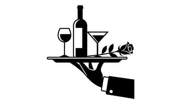 Vector illustration of a waiter holding a tray with wine, cocktail, and rose