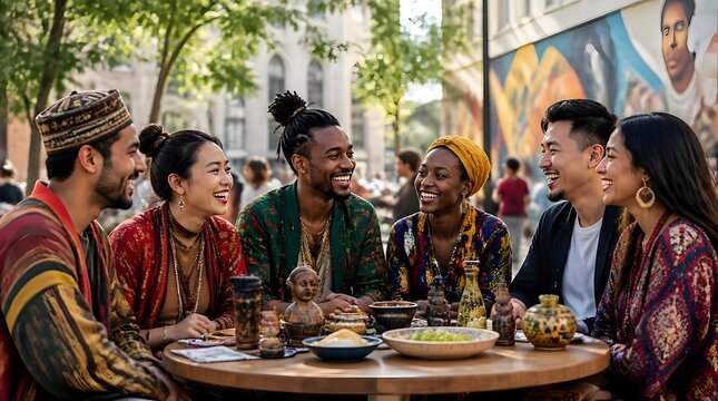 Diverse group of friends enjoying outdoor meal together, celebrating multiculturalism and community in urban setting with vibrant mural