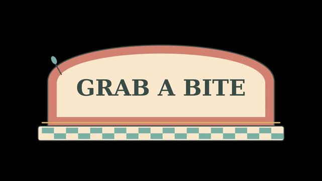 Vintage grab a bite sign illustration with retro mid-century diner aesthetic and checkered border design element