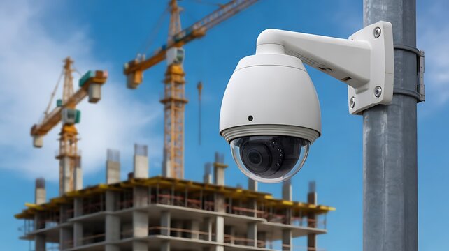 White dome CCTV security camera mounted on a pole monitoring a building construction site