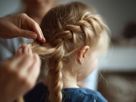 Detailed rear view of hands creating a symmetrical double braid hairstyle on a young blonde child.
