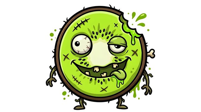 Gross zombie kiwi fruit character with green slime, missing teeth, bone, and stitches. Creepy undead fruit monster cartoon illustration for Halloween.