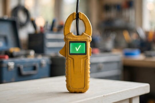 A yellow electrical clamp meter hanging on a wire with a glowing green check mark on its digital display screen in a workshop with blurred tools in background