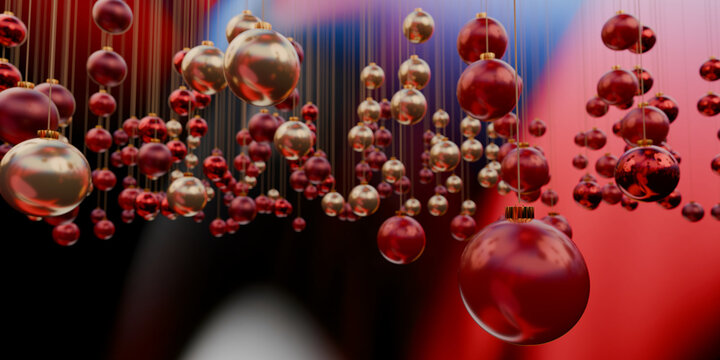 Cascading 3D Christmas decorations on long golden strings