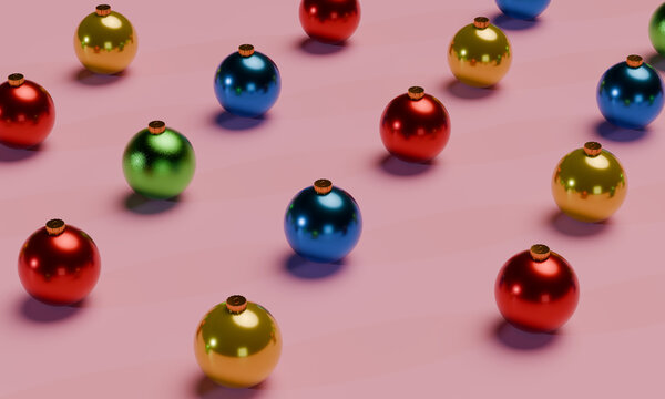 Scattered 3D Christmas ornaments on a rosy tabletop