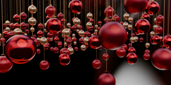 Dark festive scene of hanging 3D Christmas spheres