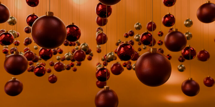 Dense cluster of 3D Christmas ornaments on orange
