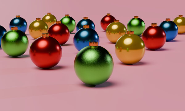 Row of multicolored 3D Christmas ornaments at eye level