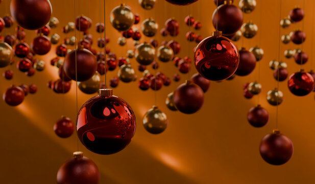Suspended 3D Christmas balls glowing over a copper backdrop
