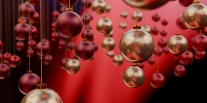 Gold and ruby 3D Christmas baubles before a red curtain