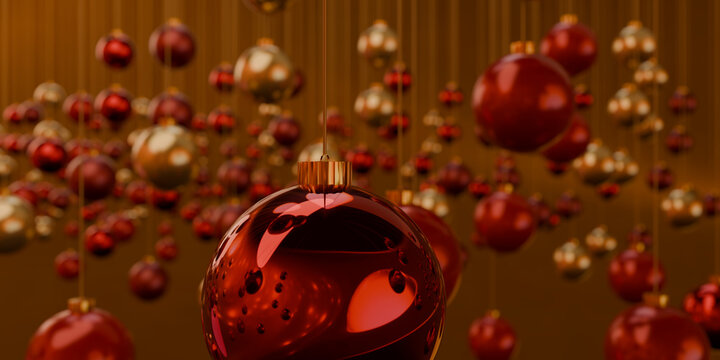 Glossy red 3D Christmas ball leading a sea of decorations