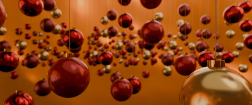 Wide festive banner of 3D Christmas baubles with a gold sphere