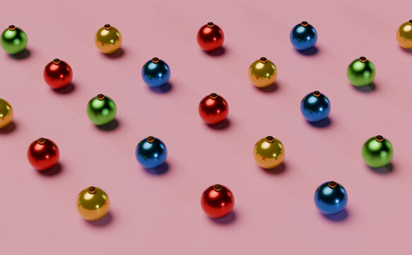 Diagonal rows of 3D Christmas balls on pink